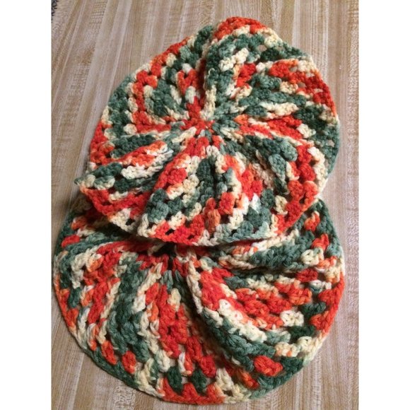Vintage Crochet Pillow Tops Doilies Boho Bohemian Hip 1970's Orange Green Creme - Picture 2 of 7